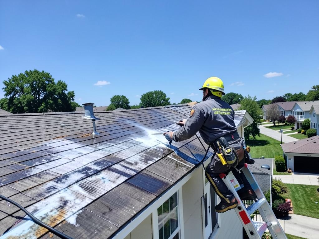 Technician applying roof treatment from a ladder